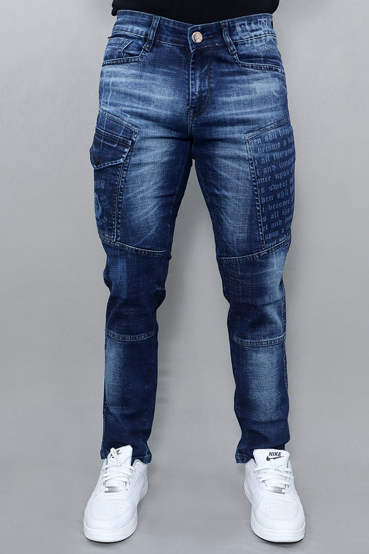 Men Regular Fit Mid Rise Dark Blue Cargo Jeans(G1008)