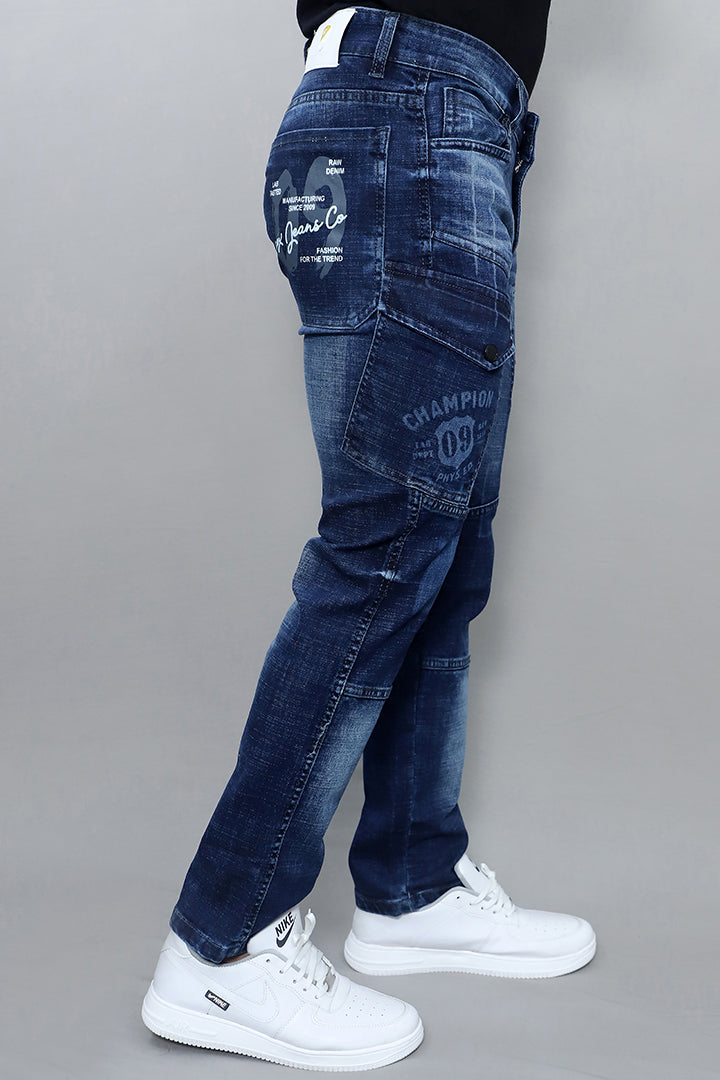 Men Regular Fit Mid Rise Dark Blue Cargo Jeans(G1008)