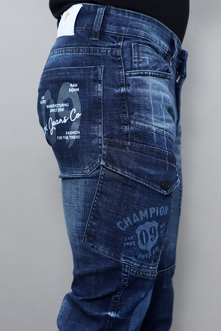 Men Regular Fit Mid Rise Dark Blue Cargo Jeans(G1008)