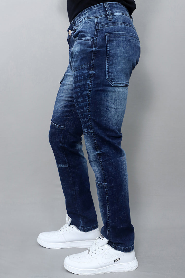 Men Regular Fit Mid Rise Dark Blue Cargo Jeans(G1008)