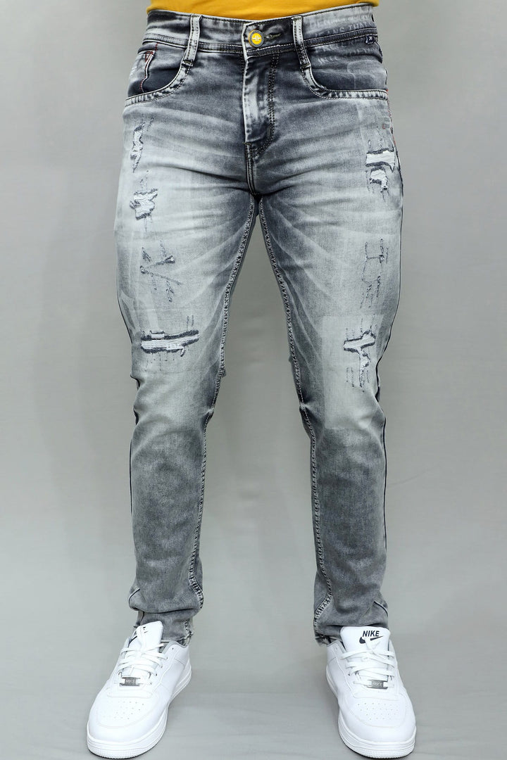Gex Jeans Men's Designer Smoke Grey Patched Slim Fit Denim