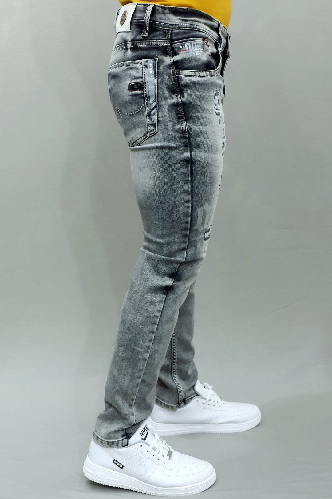 Gex Jeans Men's Designer Smoke Grey Patched Slim Fit Denim