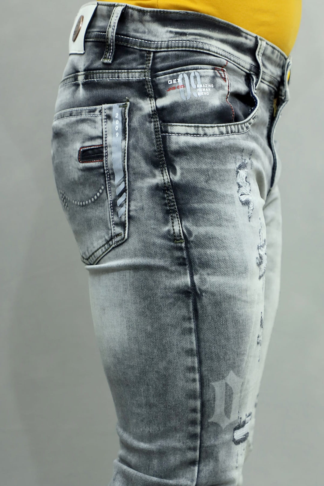 Gex Jeans Men's Designer Smoke Grey Patched Slim Fit Denim