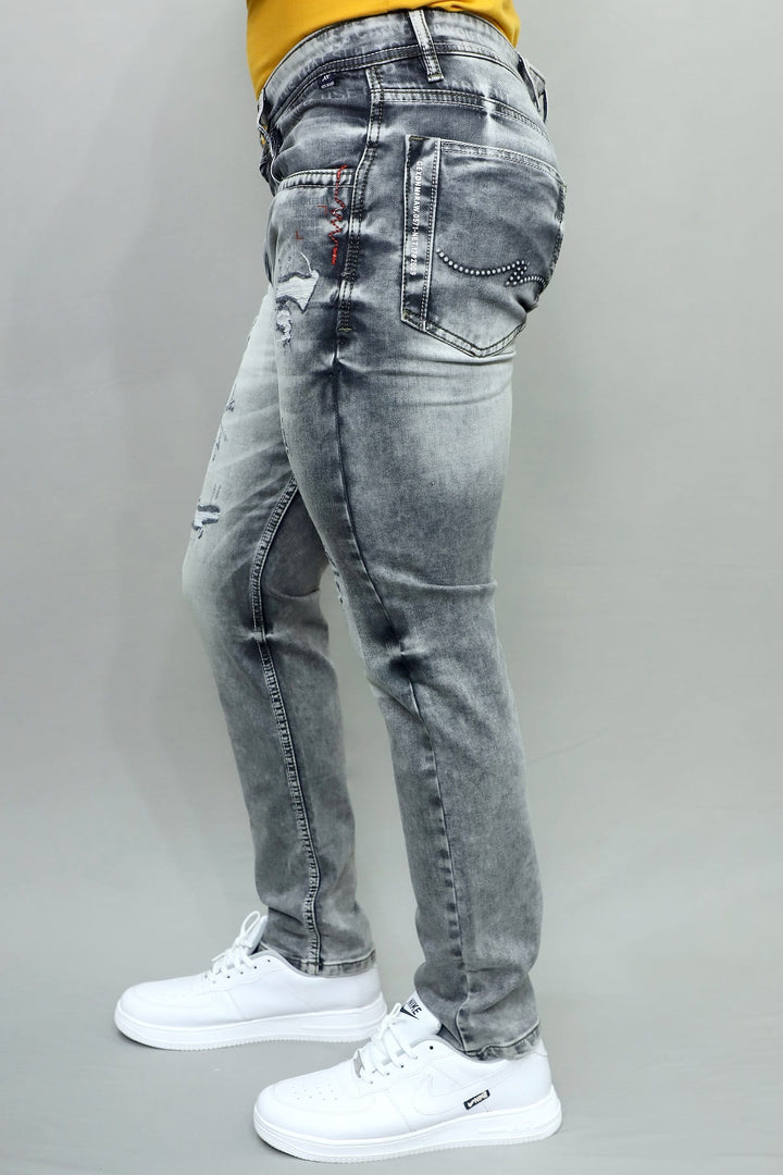 Gex Jeans Men's Designer Smoke Grey Patched Slim Fit Denim