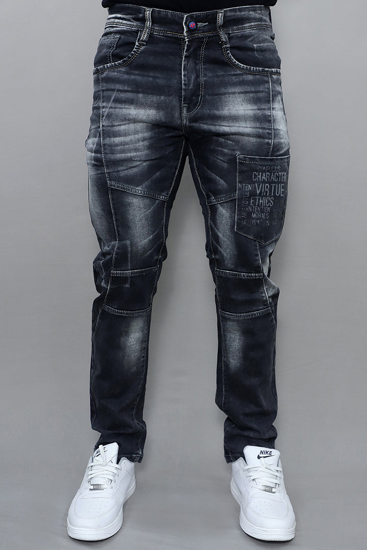 Men Regular Fit Mid Rise Black Cargo Jeans(G882)