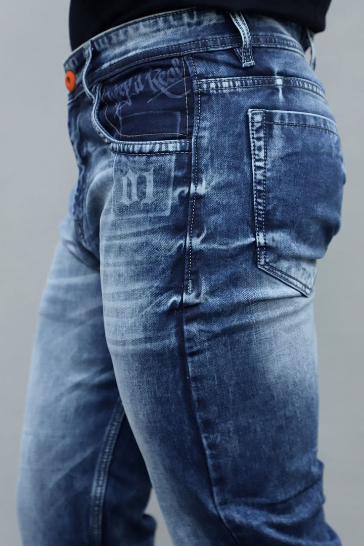 Side view of classic blue regular fit stretch denim jeans G7