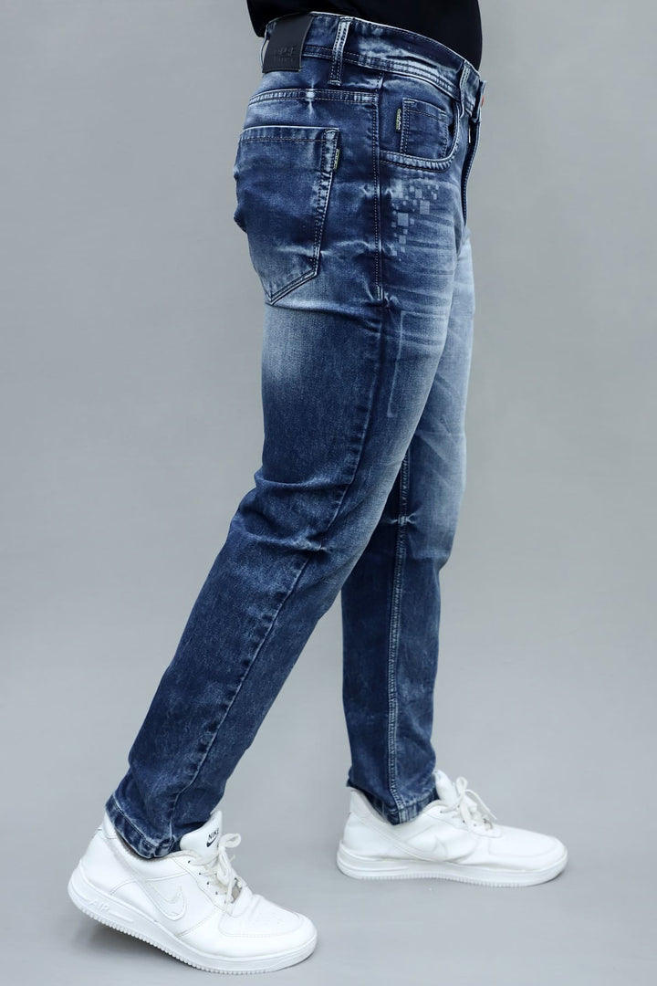 Close up of classic blue stretch denim fabric in regular fit jeans G7