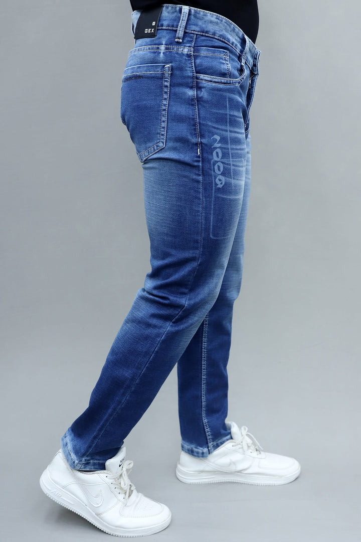 Waist and pocket detail of slim fit premium dark blue washed stretchable denim jeans for men E-16