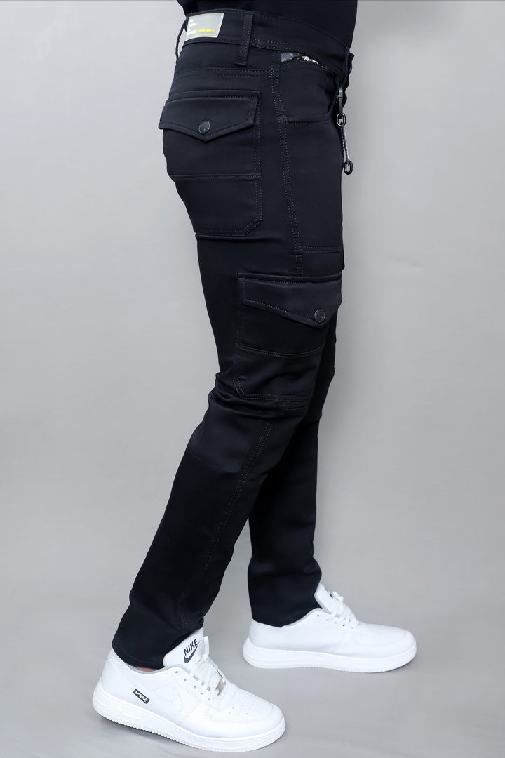 Black Cargo Slim Fit Stretch Jeans for Men