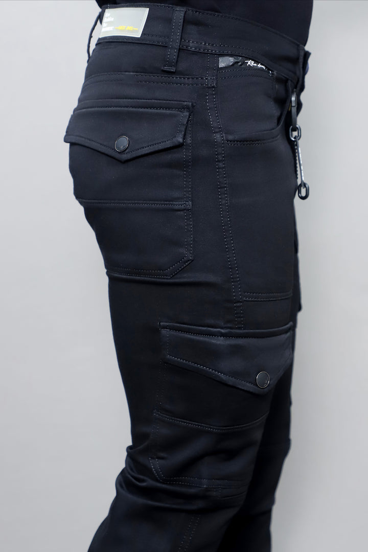 Black Cargo Slim Fit Stretch Jeans for Men