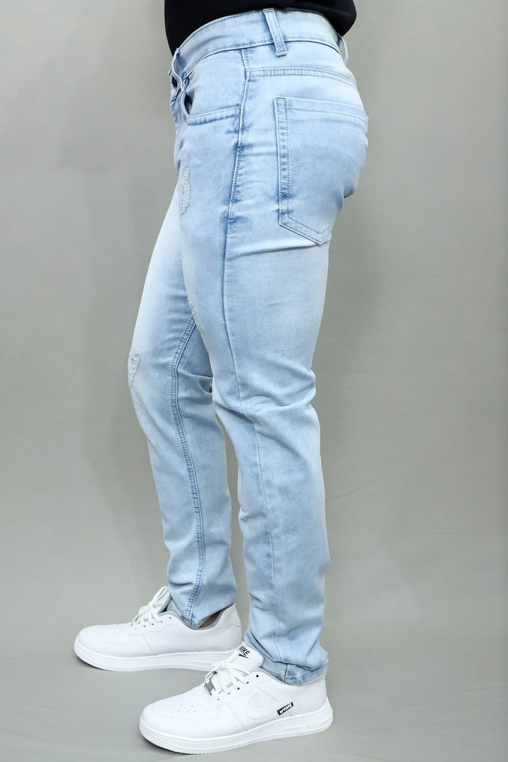Men's Slim Regular Fit Light Blue Distressed Stretchable Denim Jeans