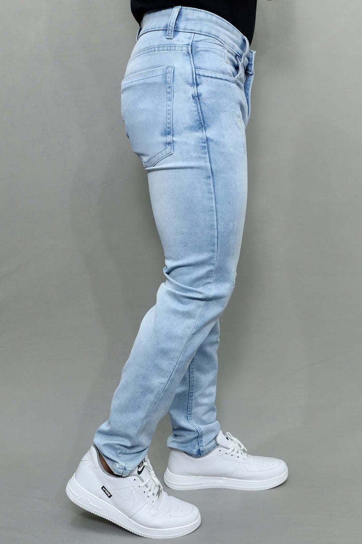 Men's Slim Regular Fit Light Blue Distressed Stretchable Denim Jeans