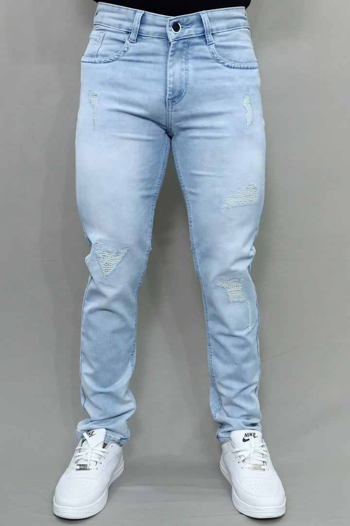 Men's Slim Regular Fit Light Blue Distressed Stretchable Denim Jeans