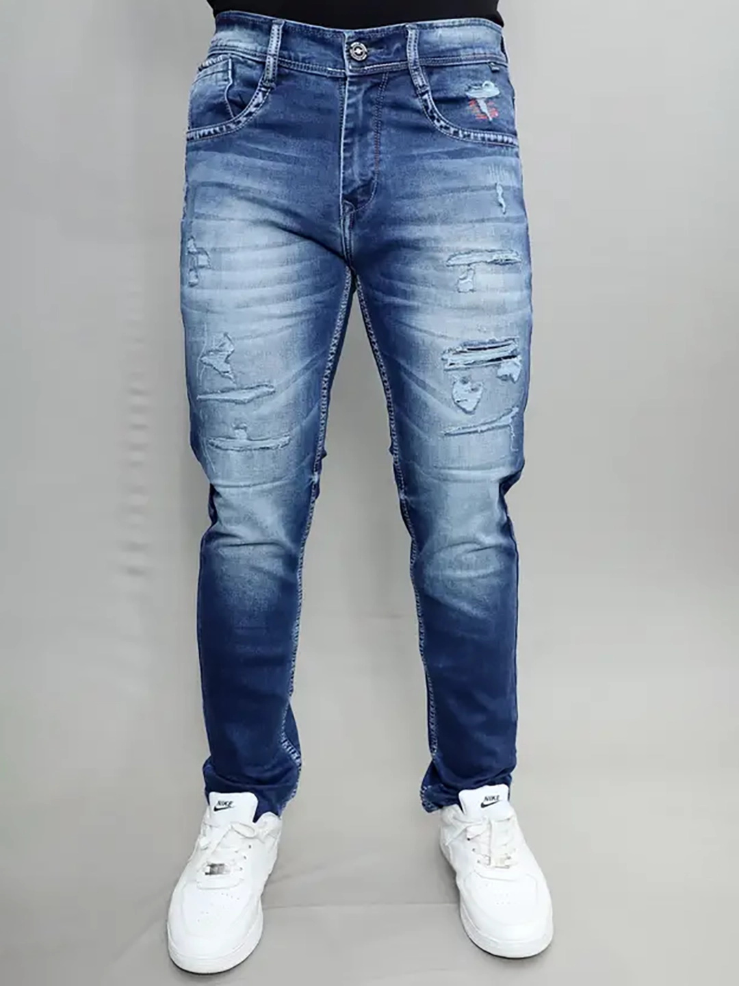 Gex Jeans Men's G828 Navy Blue Heavily Washed Patched Denim - Front View