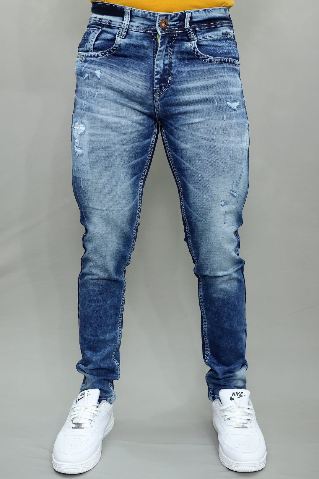 Gex Jeans Men's G847 Light Blue Urban Patch Slim Fit Denim - Front View