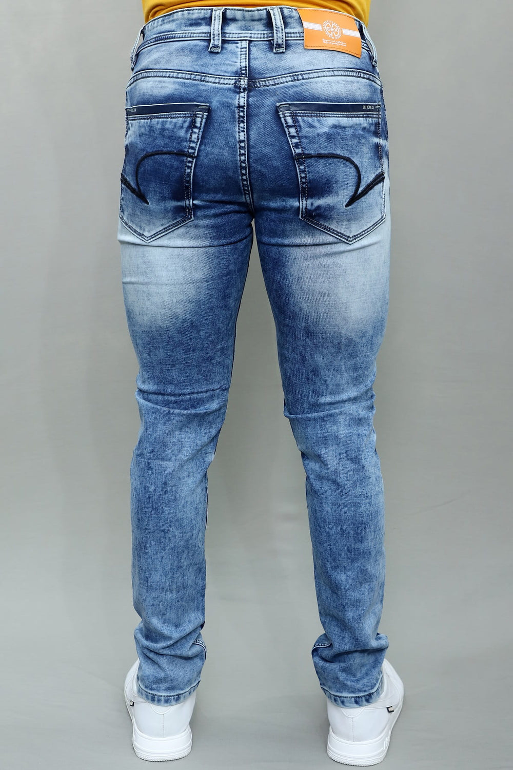 Side profile of Gex Jeans G858 vintage blue denim showing slim fit