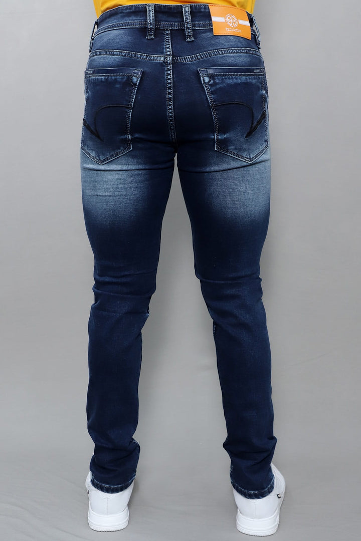 Side profile of Gex Jeans G858 midnight blue denim showing slim fit silhouette