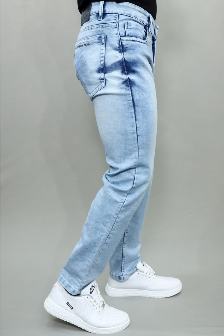 Close up of light blue washed stretchable denim fabric in GEX men's slim fit jeans E-14