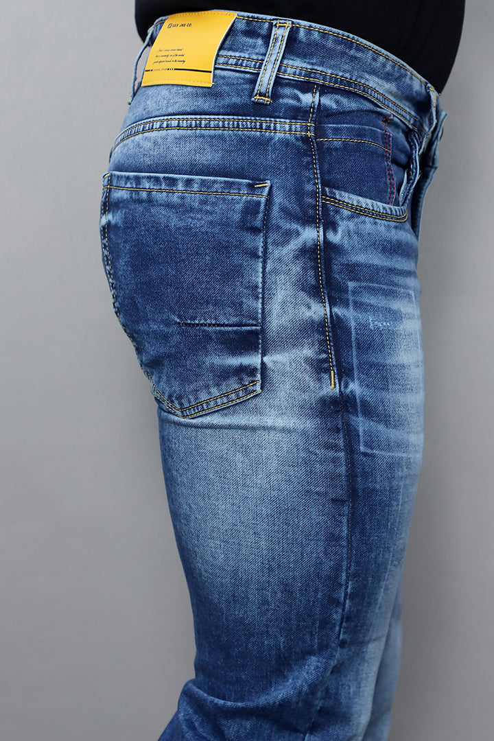 Close up of Gex men regular mid rise blue denim jeans showing premium blue denim fabric texture