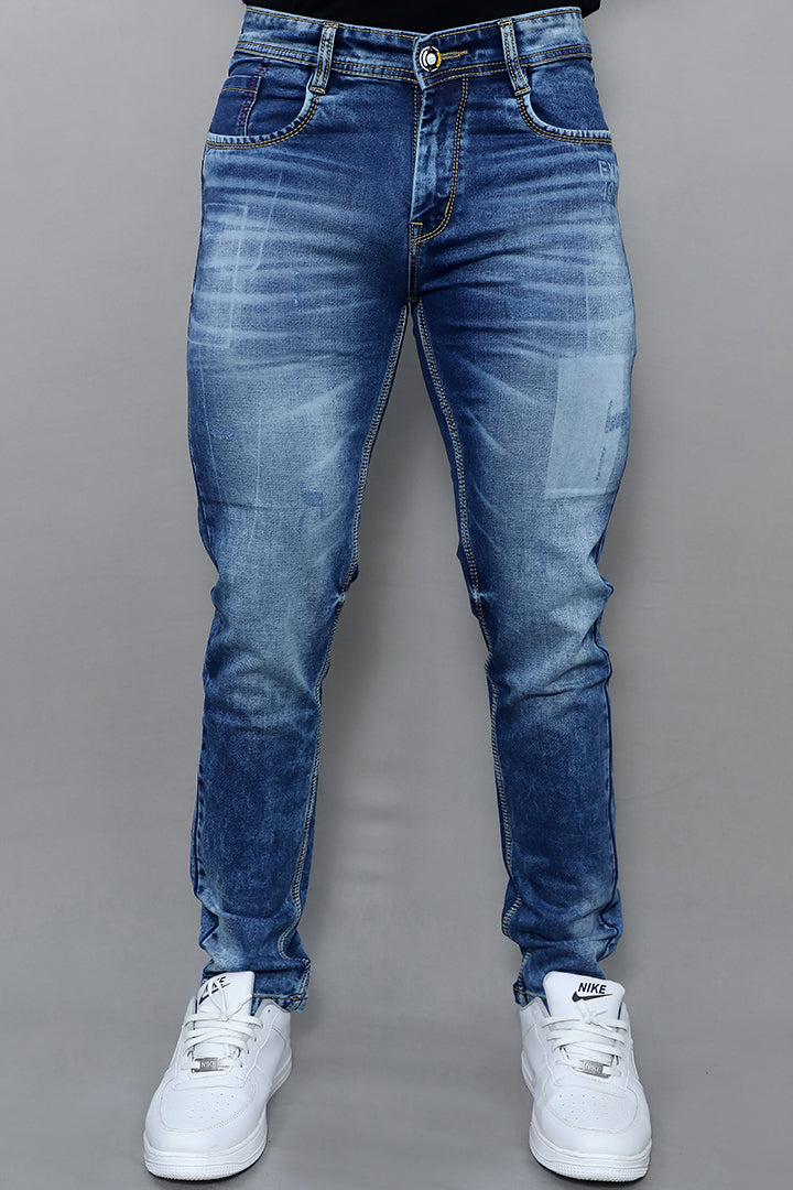Gex men regular mid rise blue denim jeans front view with classic straight fit design