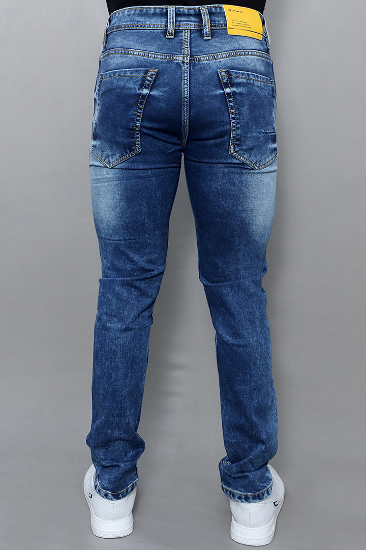 Gex men regular mid rise blue denim jeans back side view with comfortable everyday wear fit