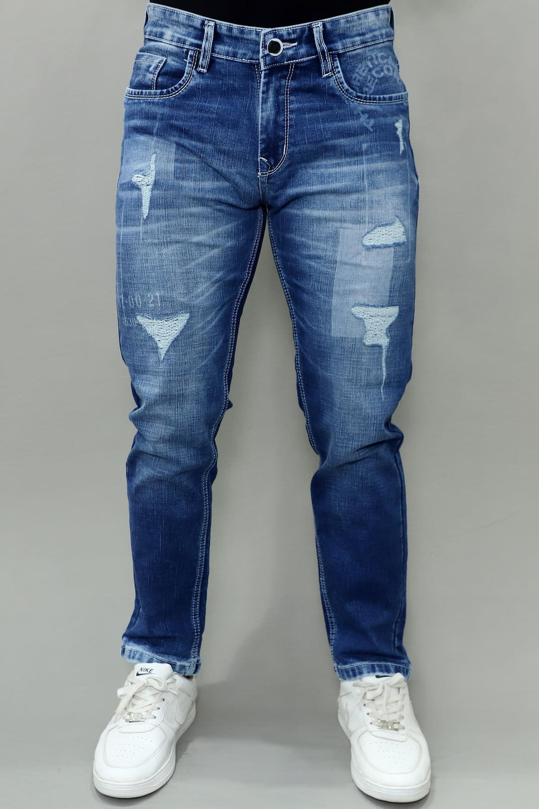 GEX men's blue distressed slim fit stretch jeans stylish patch denim E13 front