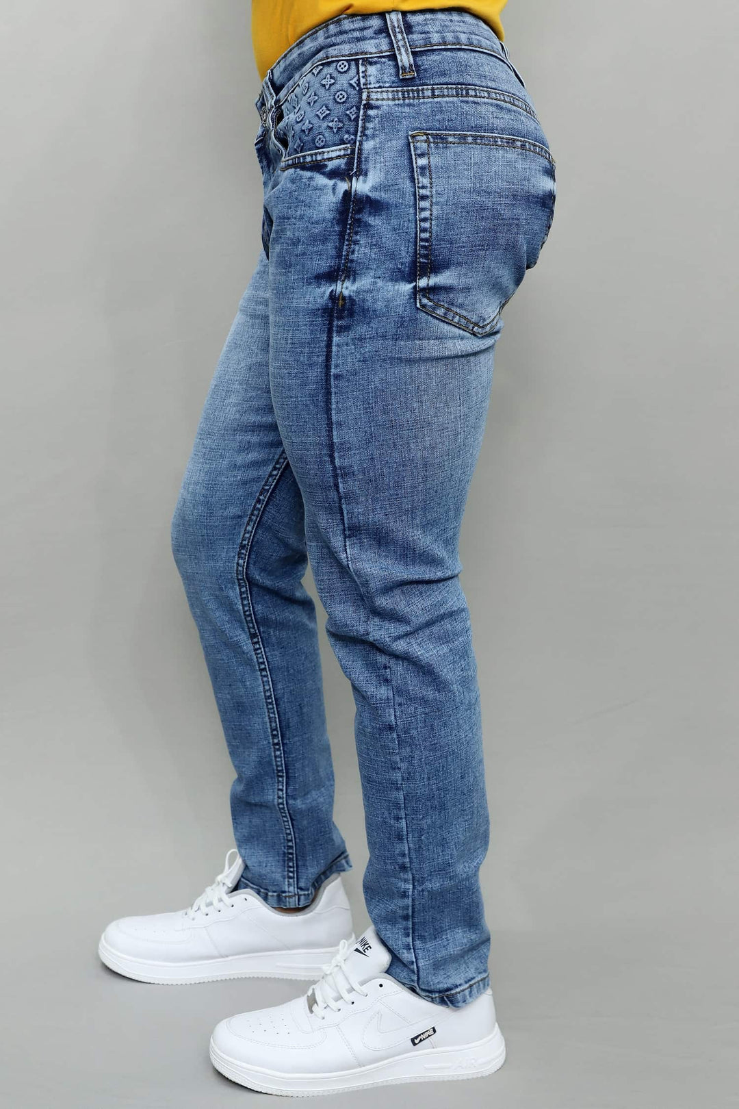 Full length view of GEX men's light blue regular fit stretch denim jeans G973