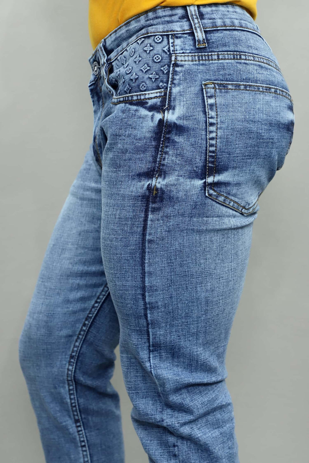 Side view of GEX men's light blue regular fit stretch denim jeans G973
