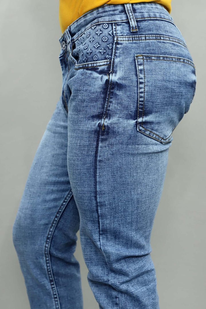 Side view of GEX men's light blue regular fit stretch denim jeans G973