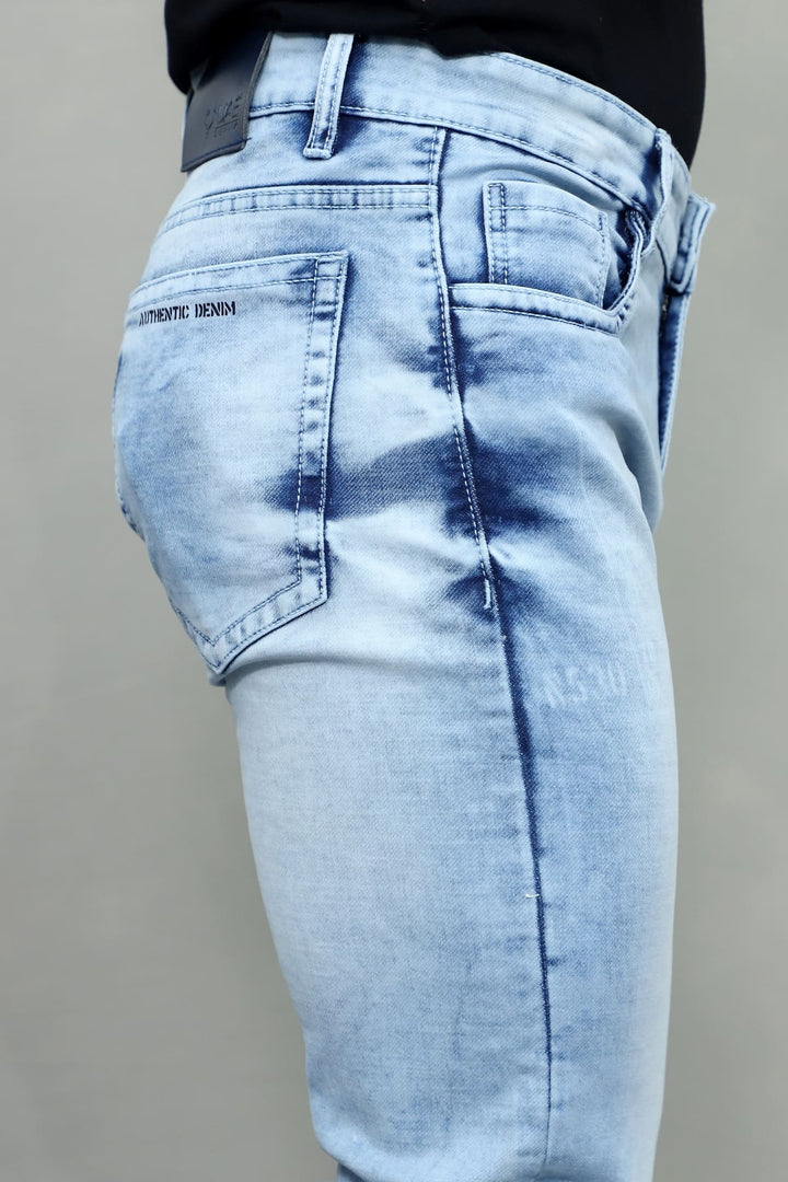 Full length view of GEX men's slim fit premium light blue washed stretchable denim jeans E-14