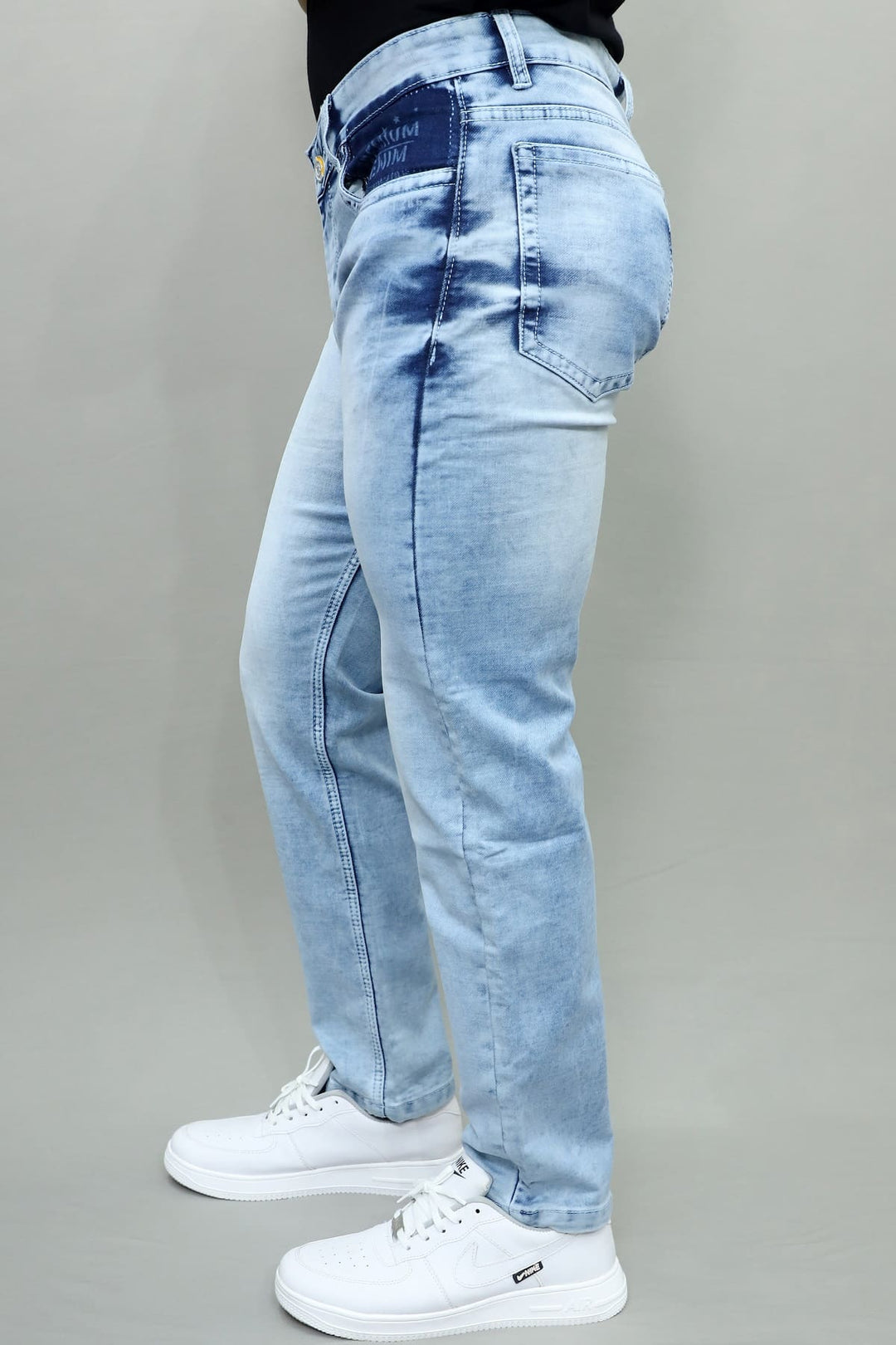 Side view of GEX men's slim fit premium light blue washed stretchable denim jeans E-14