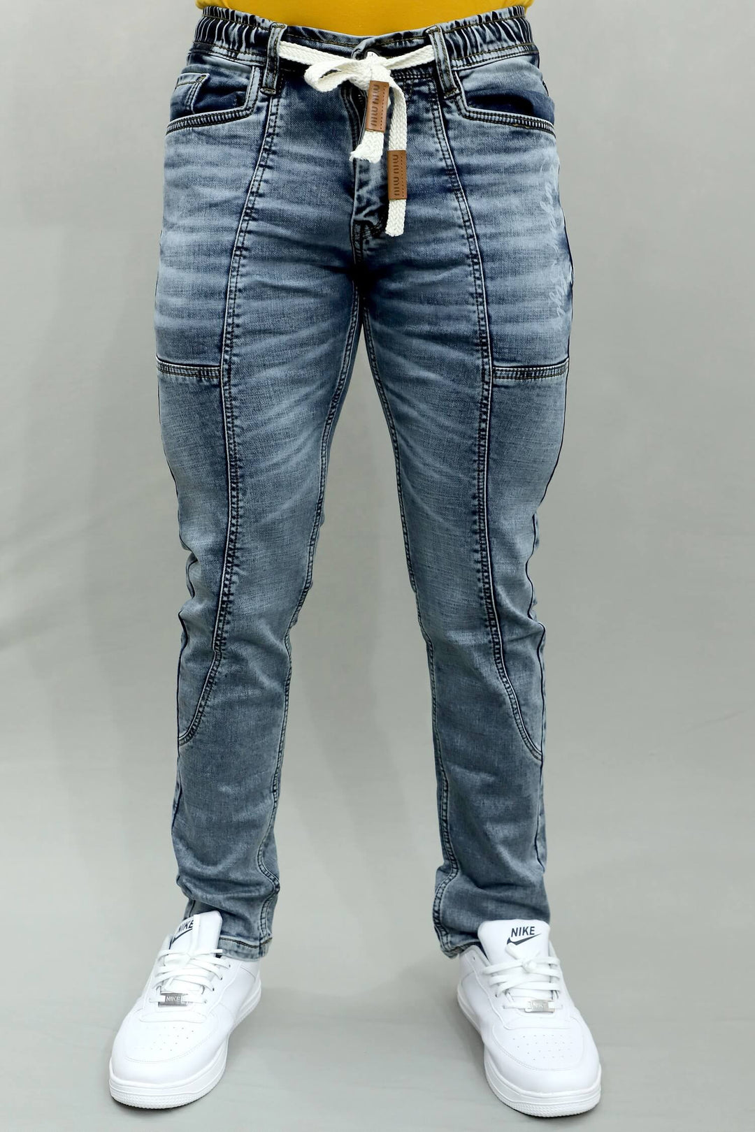 GEX men’s surgery grey jogger fit stretch jeans article G933-denim-jogger front view with modern tapered jogger style and comfortable fit