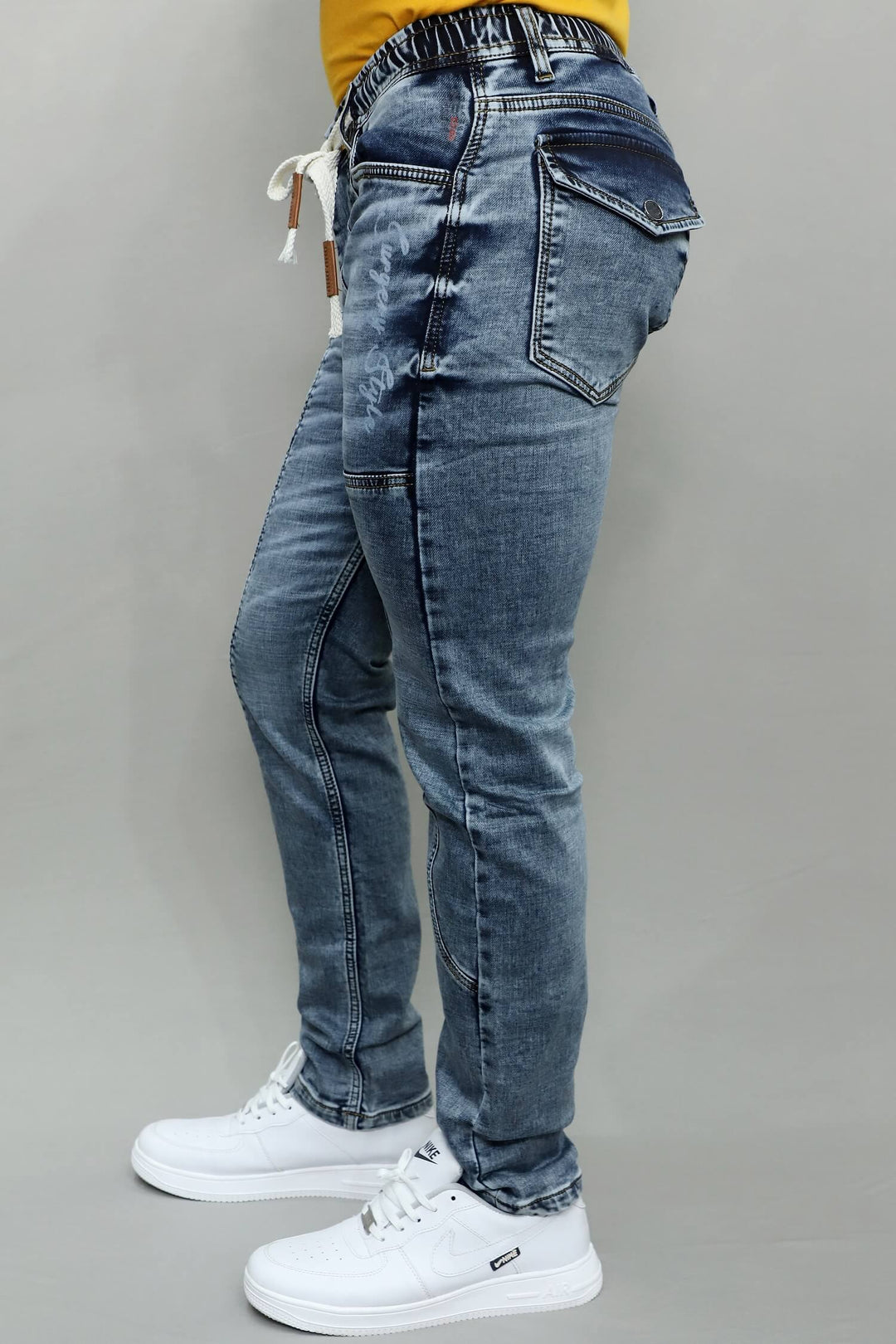 GEX men’s surgery grey jogger fit stretch jeans denim-jogger side view highlighting stretchable denim and casual style