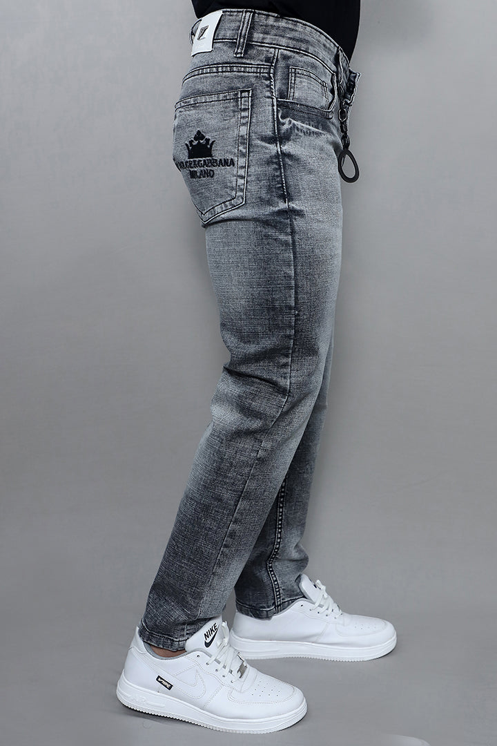 Men premium quality regular mid rise grey jeans article no Gex G1003 Plain Grey back view showing clean stitching and durable finish