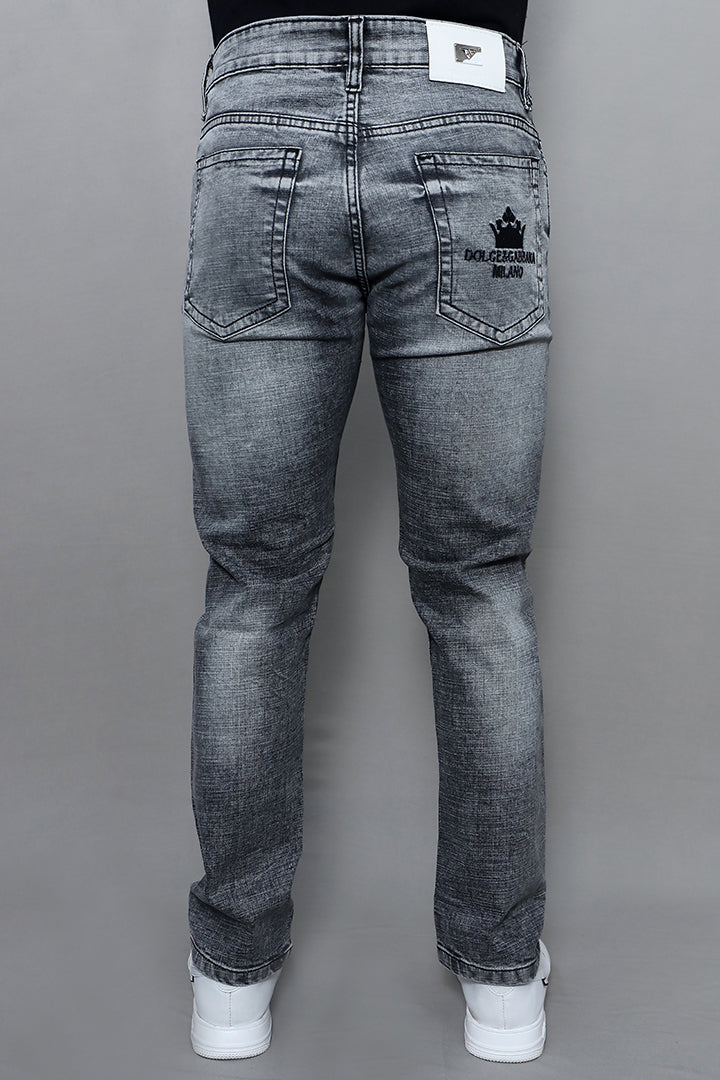 Close up of men premium quality regular mid rise grey jeans article no Gex G1003 Plain Grey showing soft grey denim fabric texture