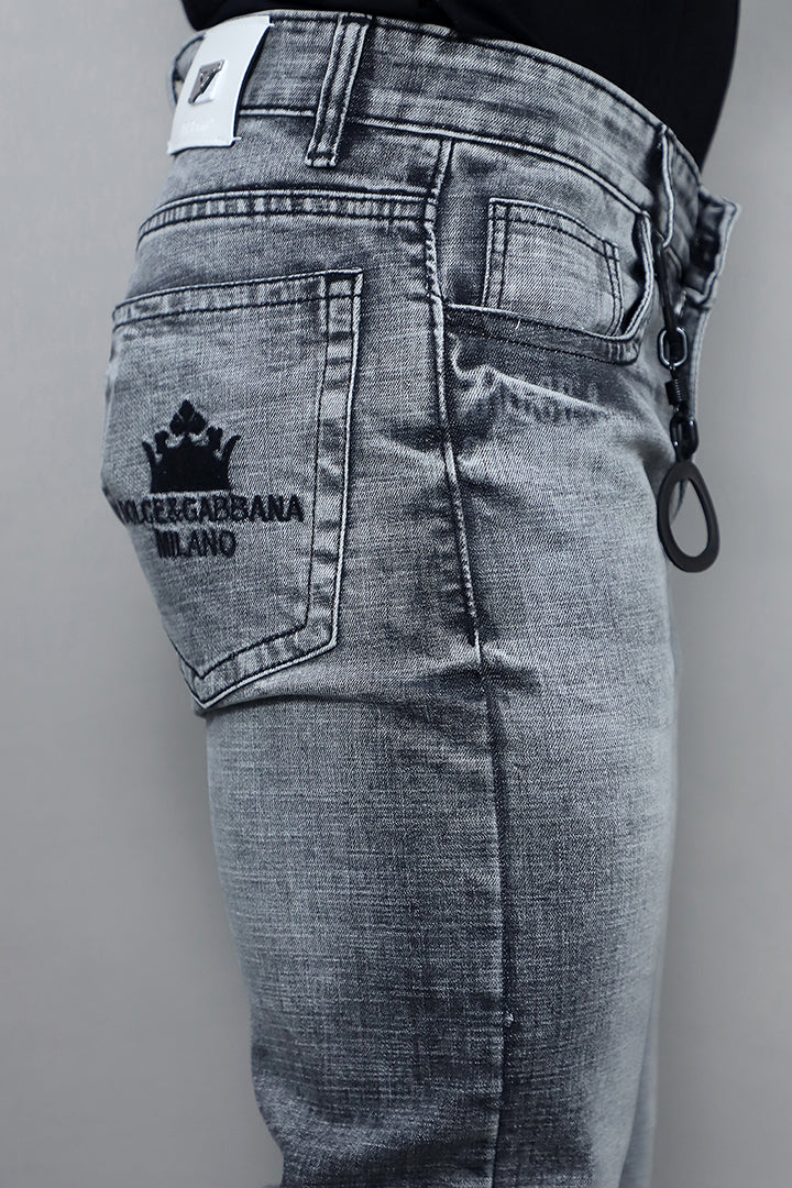 Men premium quality regular mid rise grey jeans article no Gex G1003 Plain Grey side view with comfortable regular fit style