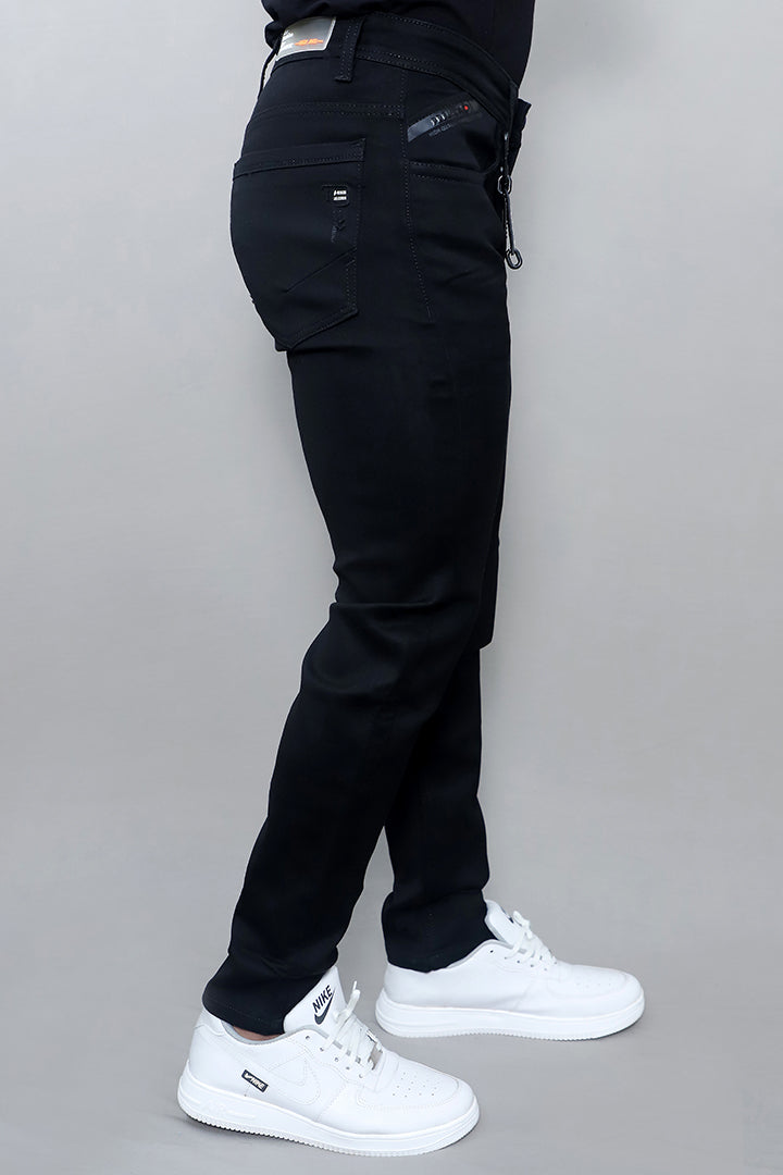 Men regular mid rise black denim jeans back view showing clean stitching and regular fit style