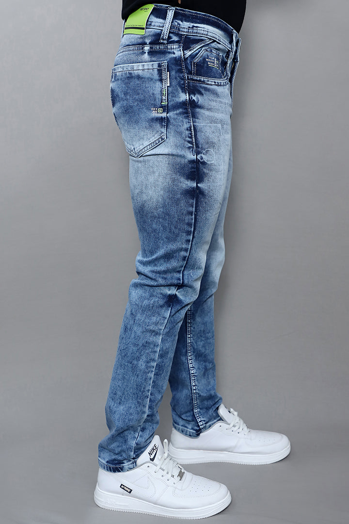 Men regular mid rise black denim jeans  blue back view showing clean stitching and regular fit style