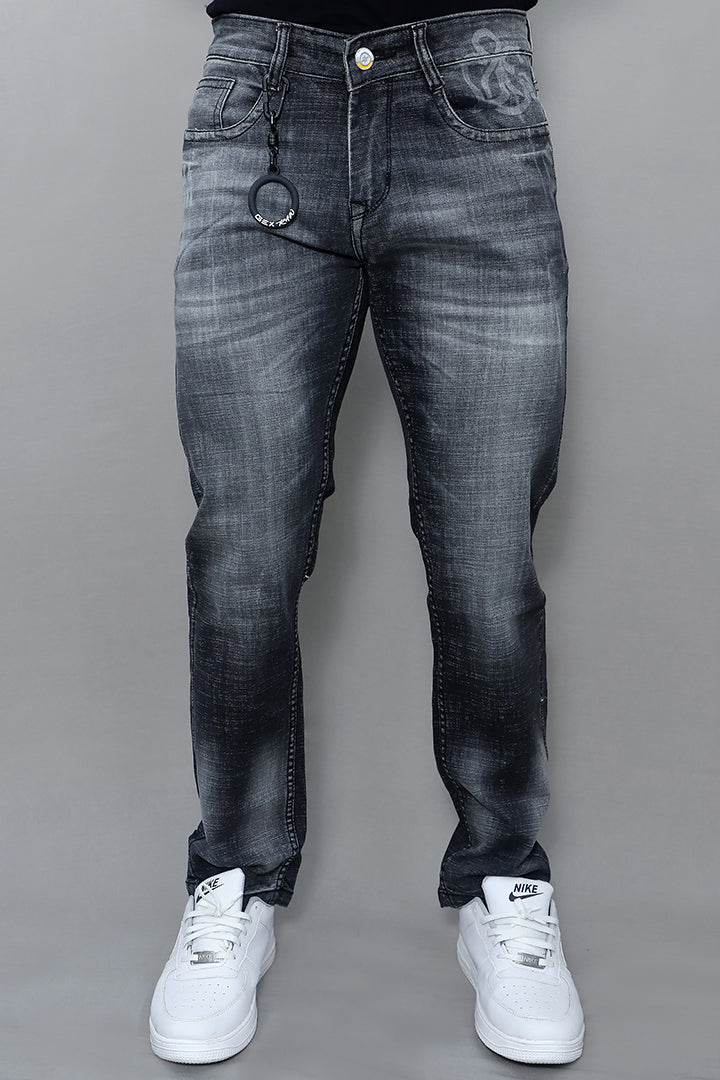 Men regular mid rise black jeans Black front view with classic straight fit design