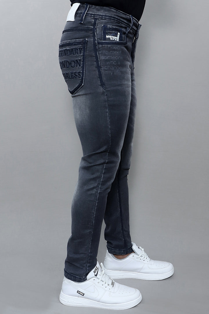 Men regular mid rise black stretchable denim jeans article no GK371 BLACK back view showing clean stitching and durable finish