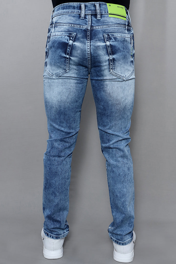 Close up of men regular mid rise black denim jeans showing premium denim fabric texture