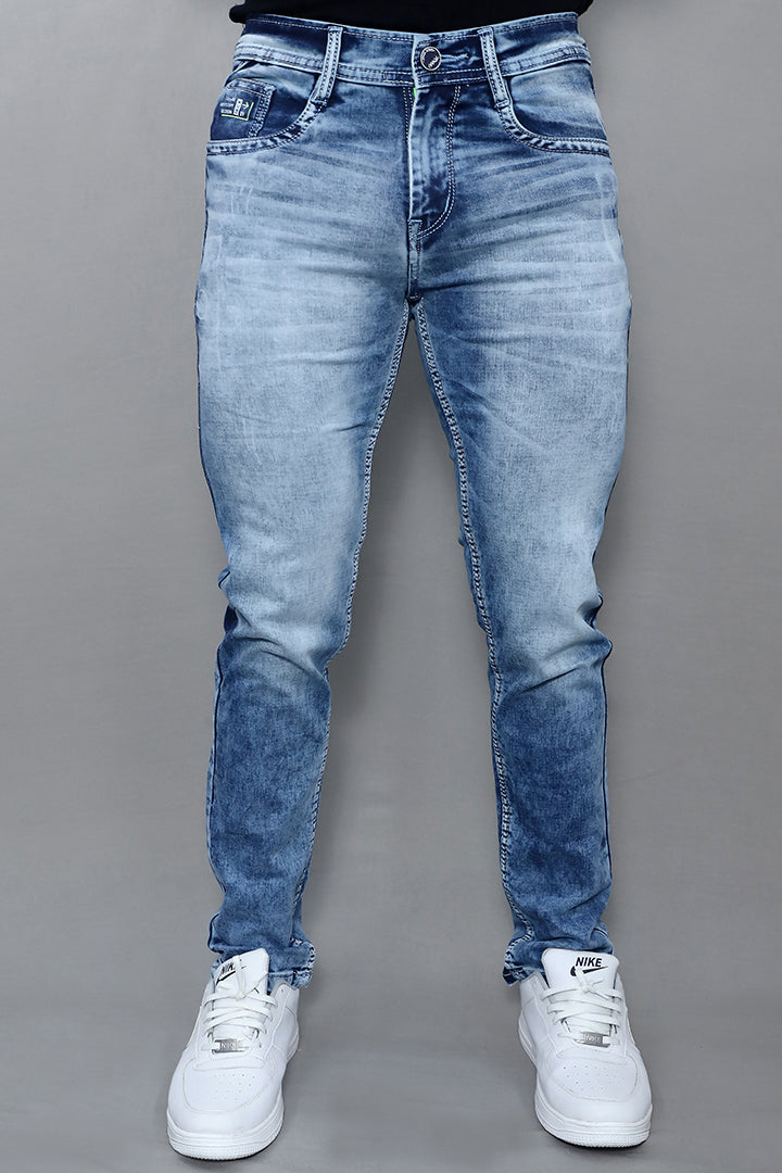Men regular mid rise blue denim jeans front view with classic straight fit design