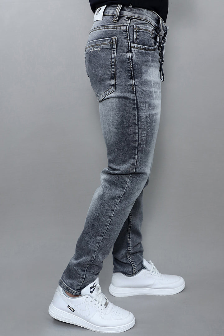 Men regular mid rise denim grey jeans  grey back view showing clean finish and durable stitching