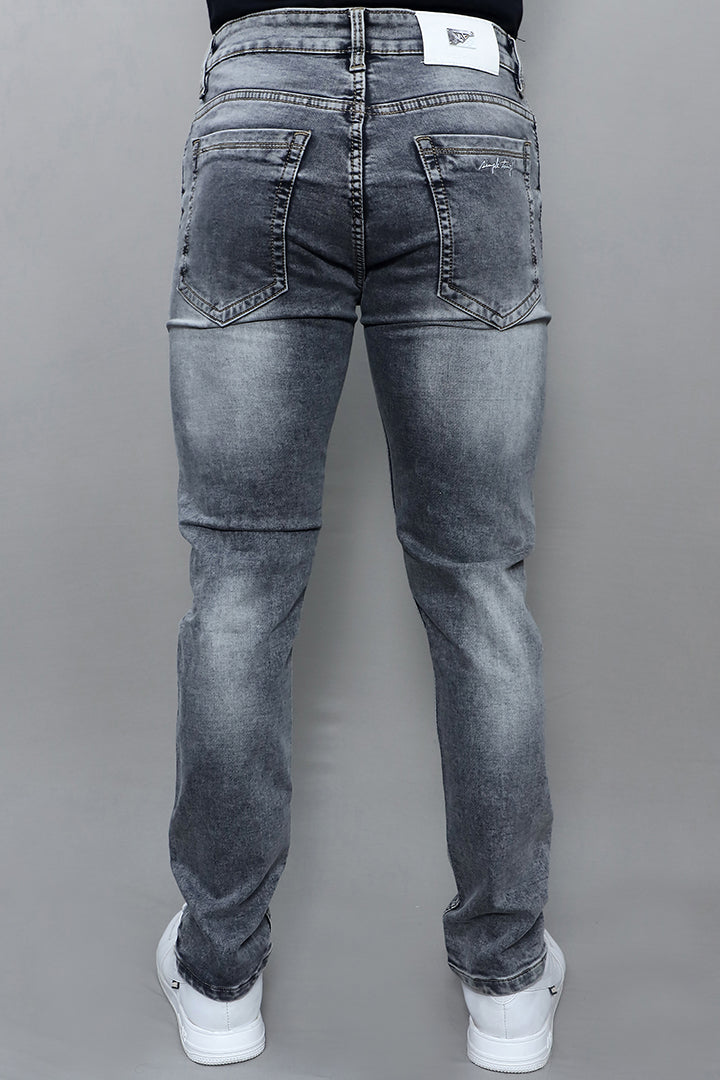 Close up of men regular mid rise denim grey jeans grey showing soft denim fabric texture