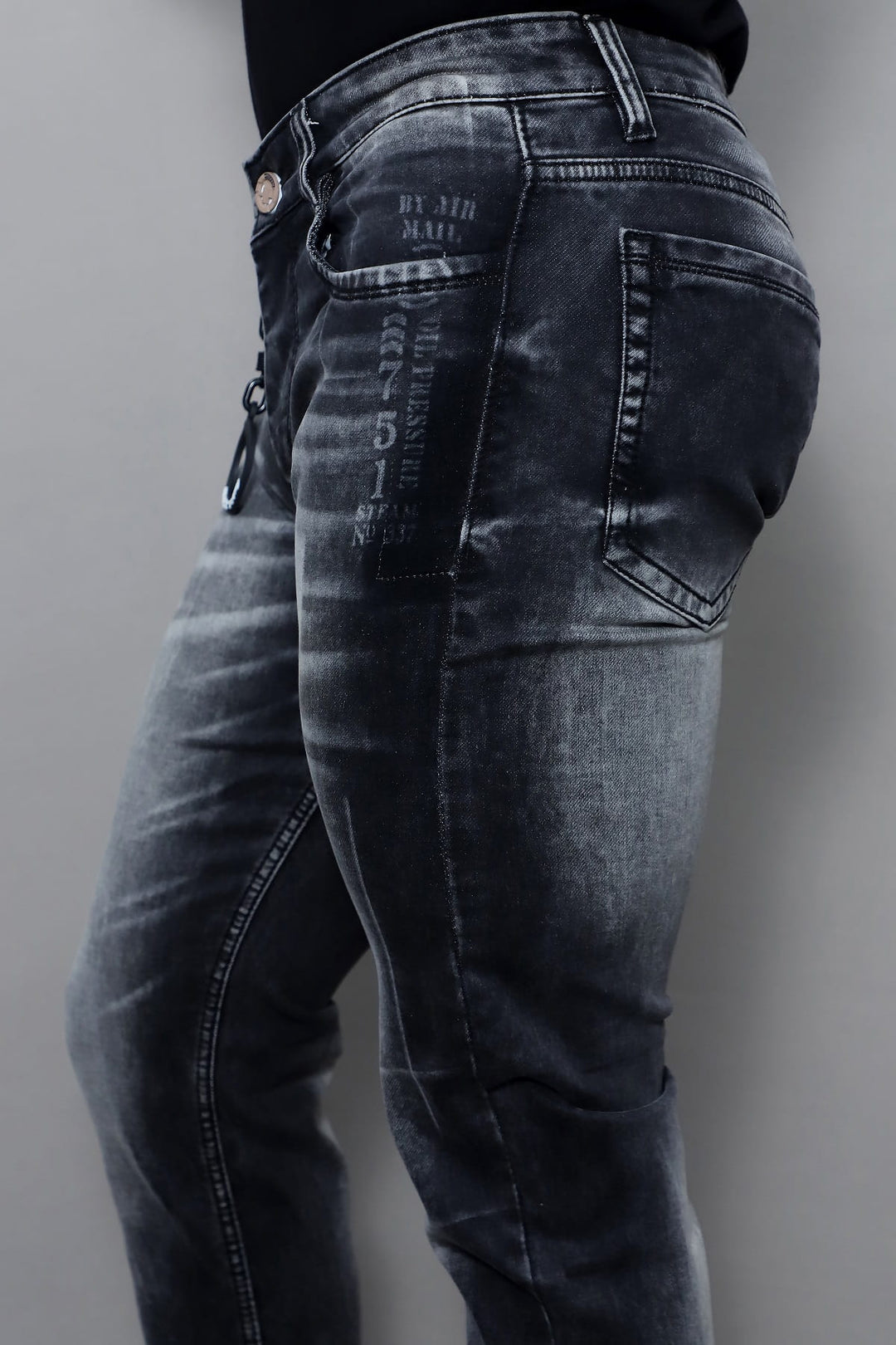 Full length view of men's premium slim fit dark grey washed stretch jeans E19