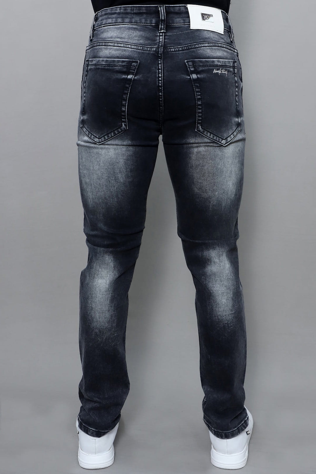 Men's premium slim fit dark grey washed stretch jeans E19 back