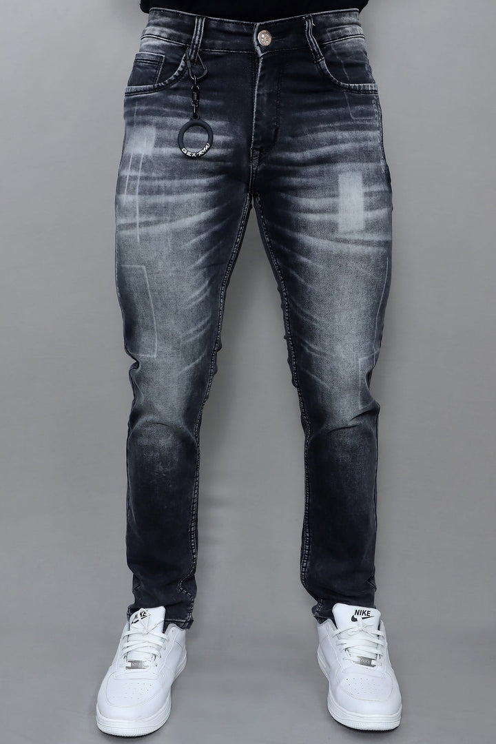 Men's premium slim fit dark grey washed stretch jeans E19 front