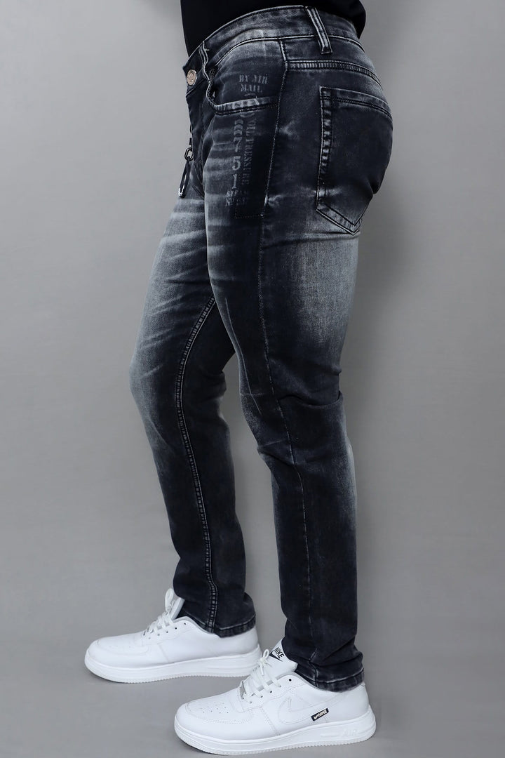 Side view of men's premium slim fit dark grey washed stretch jeans E19