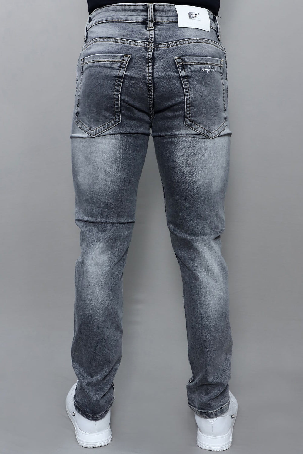 Men's premium slim fit grey washed stretch denim jeans E19 back view