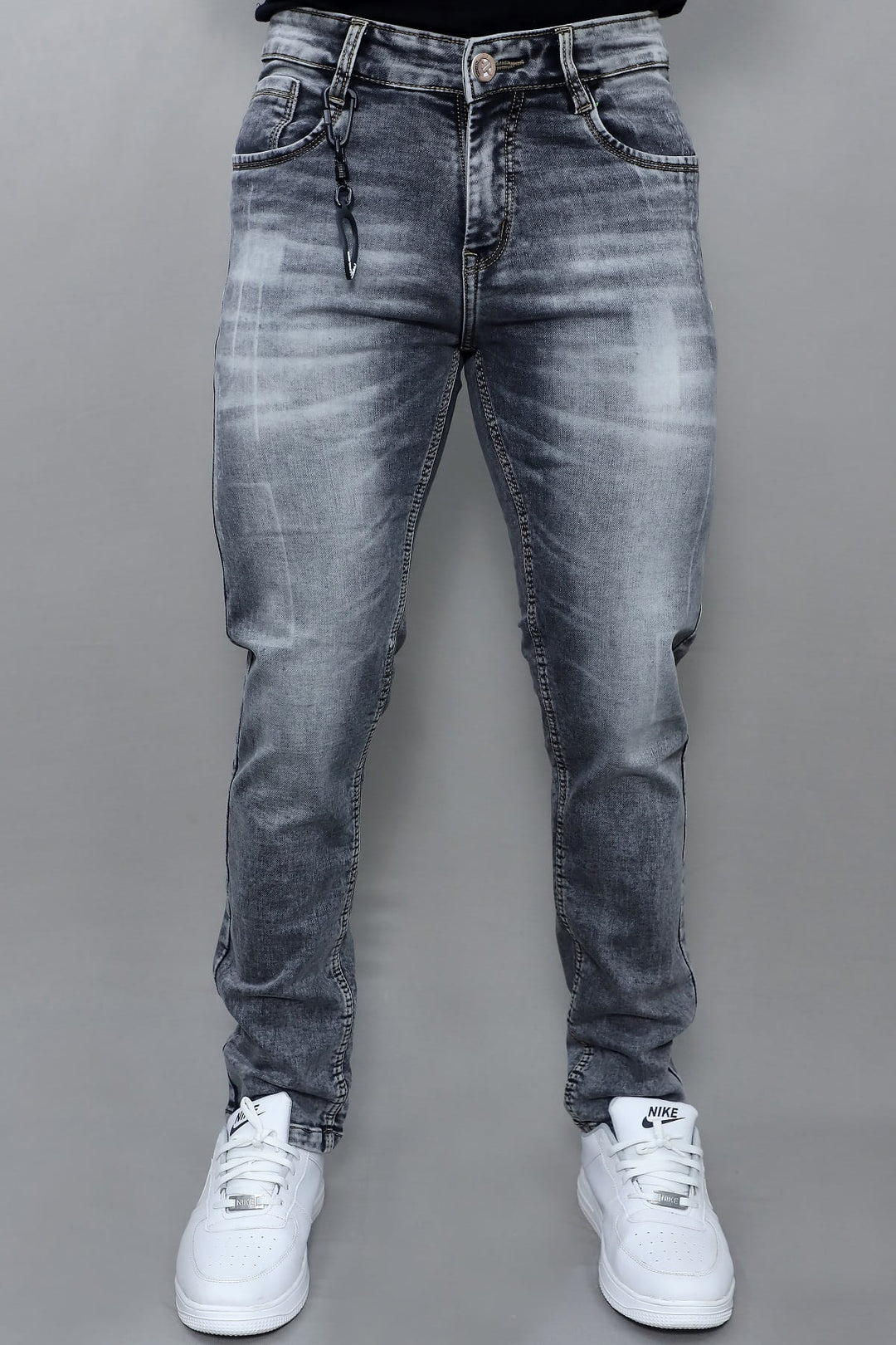 Men's premium slim fit grey washed stretch denim jeans E19 front view